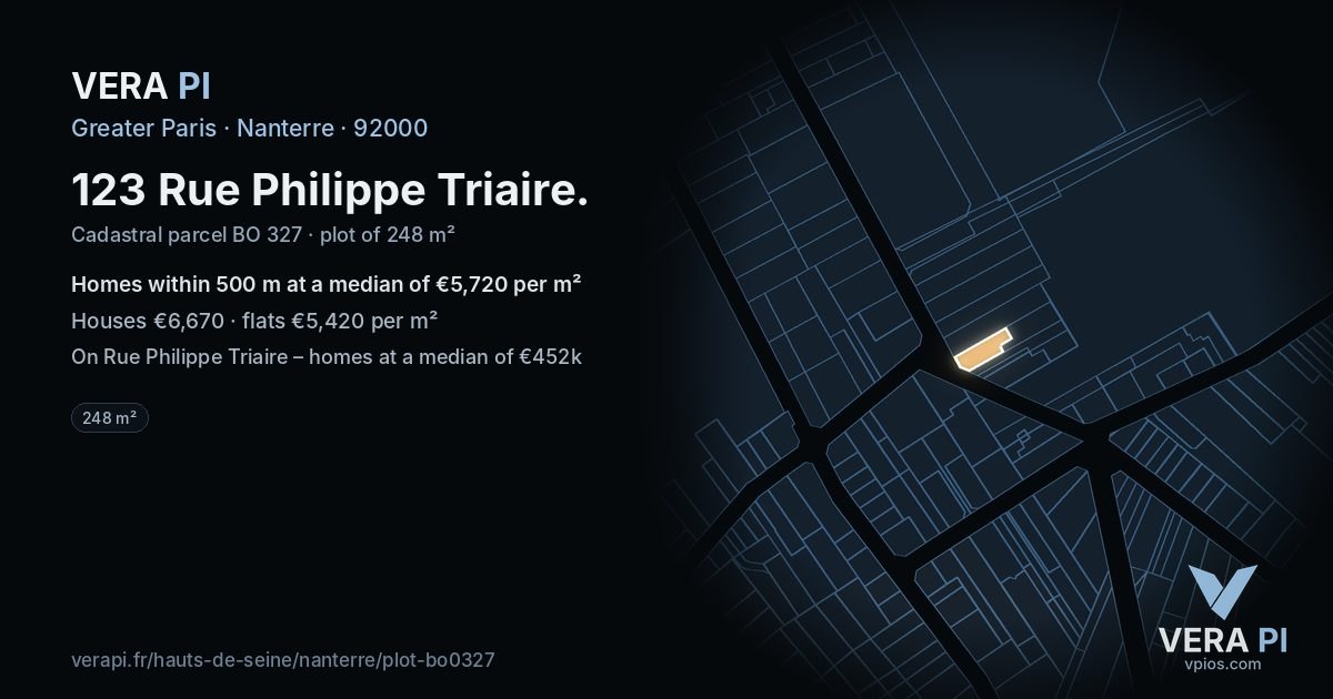 123 Rue Philippe Triaire, Nanterre at night – the plot lit, the parcels around coloured by the prices near them