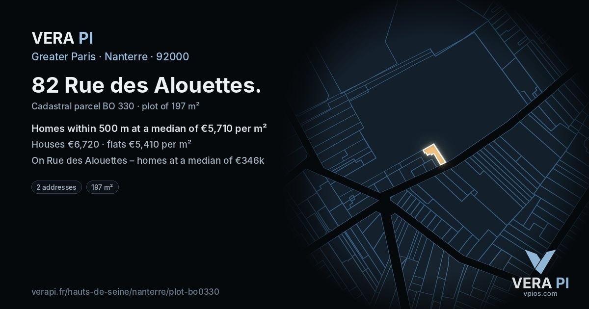 82 Rue des Alouettes, Nanterre at night – the plot lit, the parcels around coloured by the prices near them