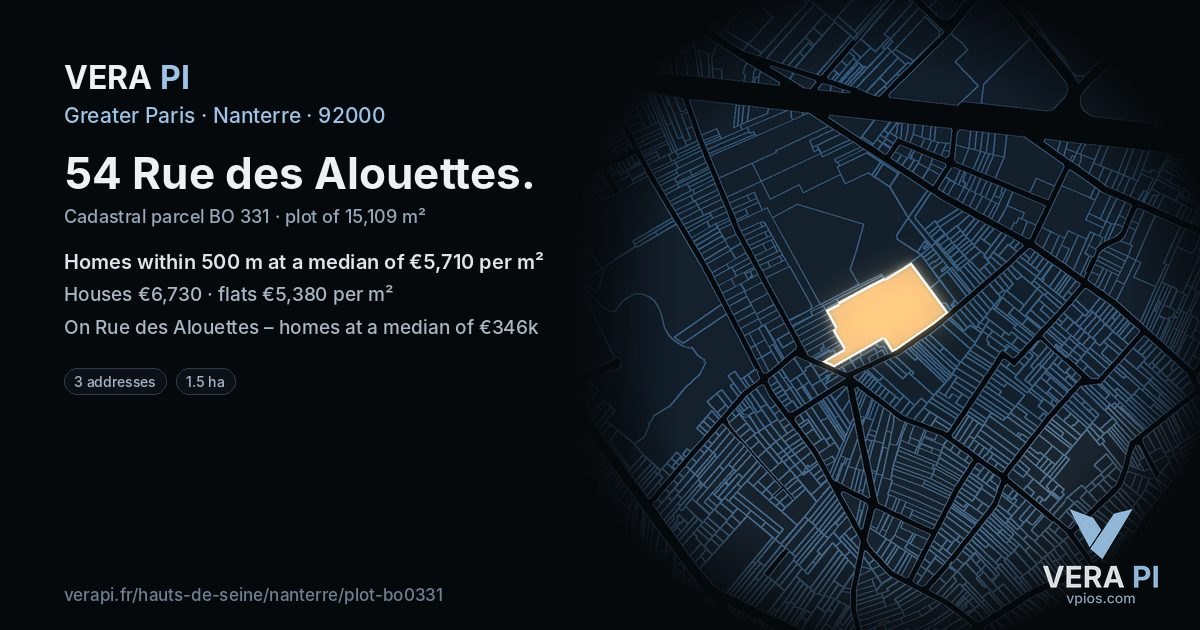 54 Rue des Alouettes, Nanterre at night – the plot lit, the parcels around coloured by the prices near them