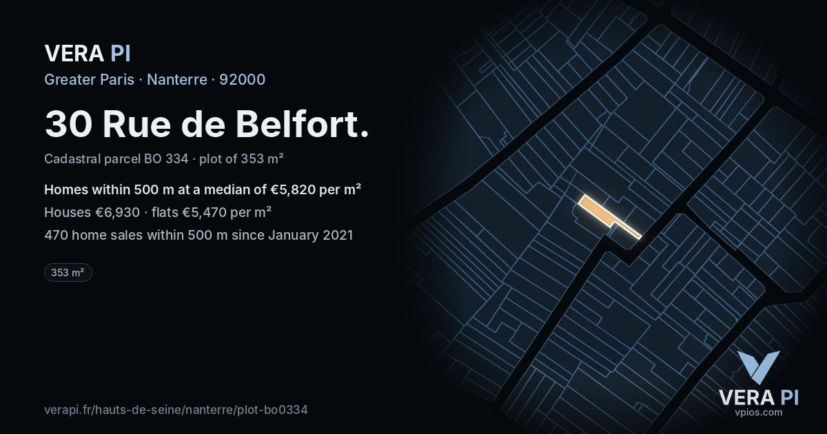 30 Rue de Belfort, Nanterre at night – the plot lit, the parcels around coloured by the prices near them