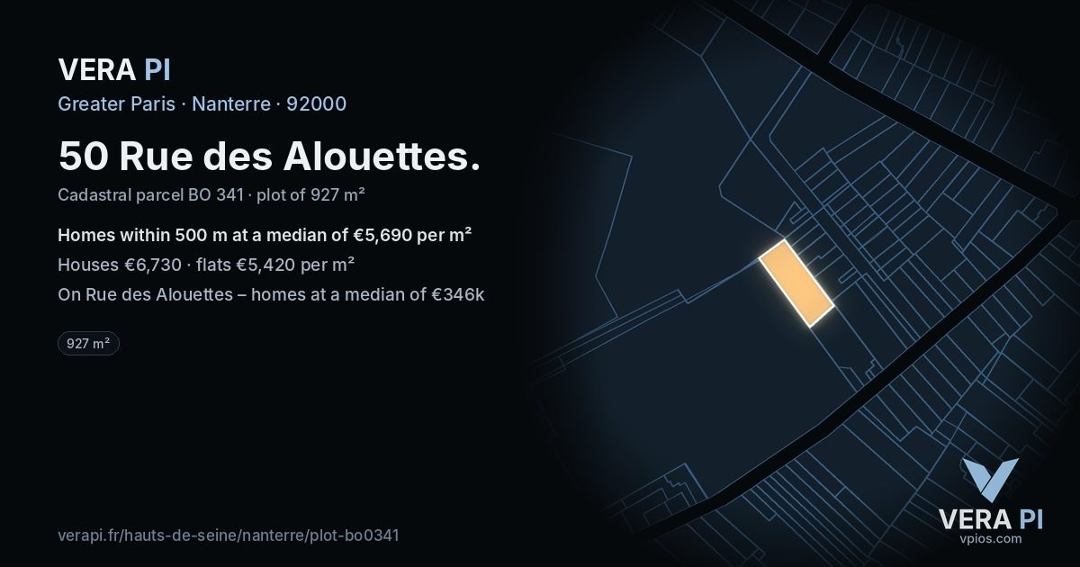 50 Rue des Alouettes, Nanterre at night – the plot lit, the parcels around coloured by the prices near them