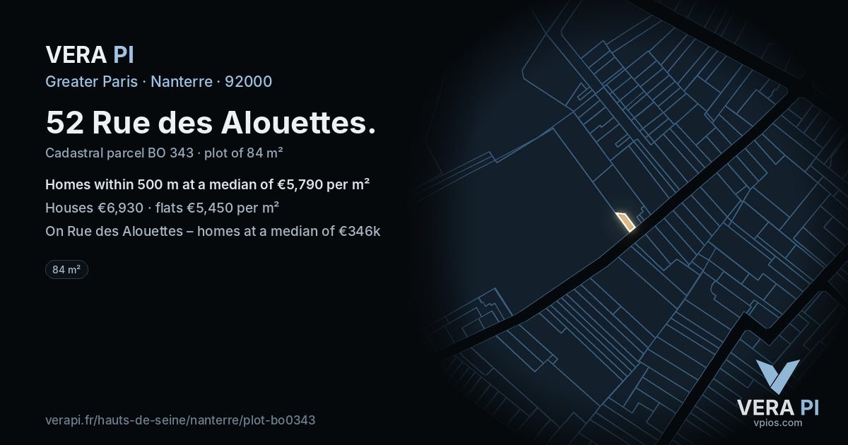 52 Rue des Alouettes, Nanterre at night – the plot lit, the parcels around coloured by the prices near them