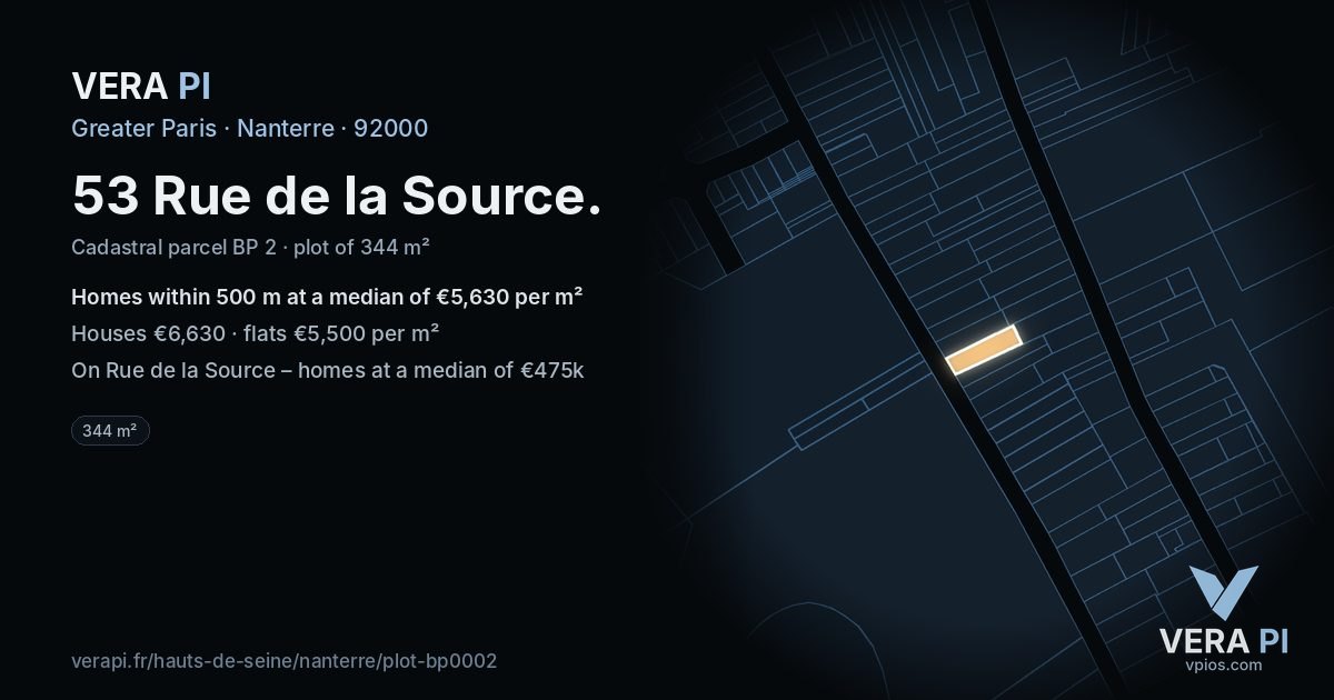 53 Rue de la Source, Nanterre at night – the plot lit, the parcels around coloured by the prices near them