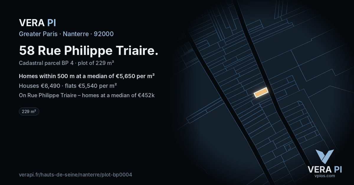 58 Rue Philippe Triaire, Nanterre at night – the plot lit, the parcels around coloured by the prices near them