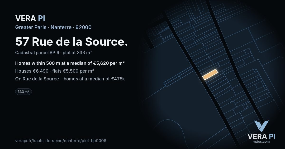 57 Rue de la Source, Nanterre at night – the plot lit, the parcels around coloured by the prices near them