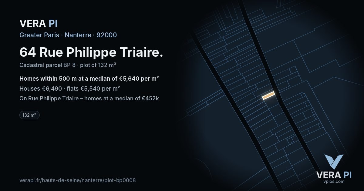 64 Rue Philippe Triaire, Nanterre at night – the plot lit, the parcels around coloured by the prices near them