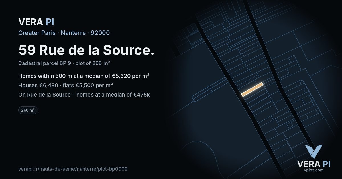 59 Rue de la Source, Nanterre at night – the plot lit, the parcels around coloured by the prices near them