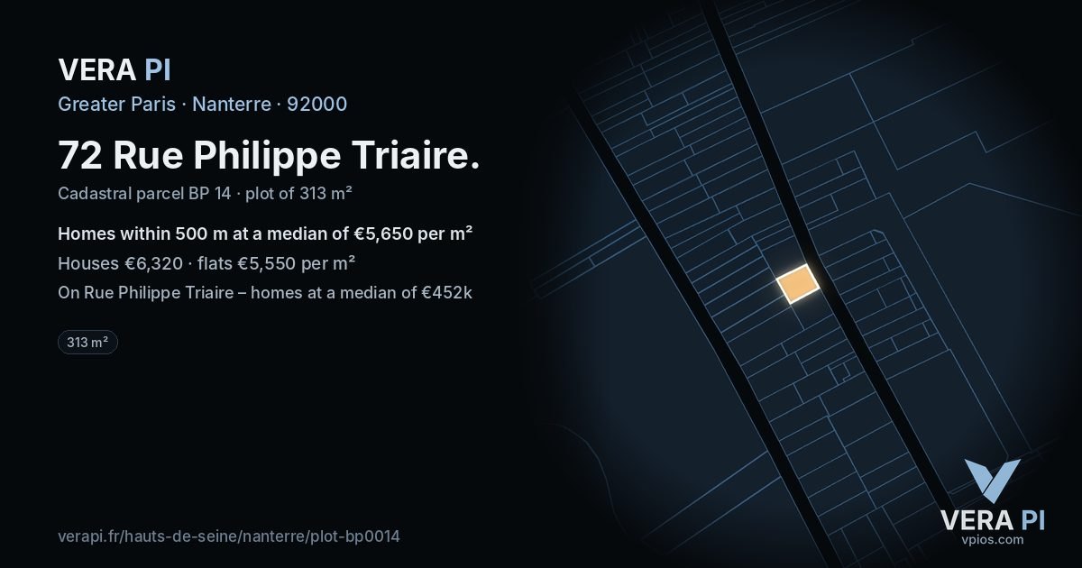 72 Rue Philippe Triaire, Nanterre at night – the plot lit, the parcels around coloured by the prices near them