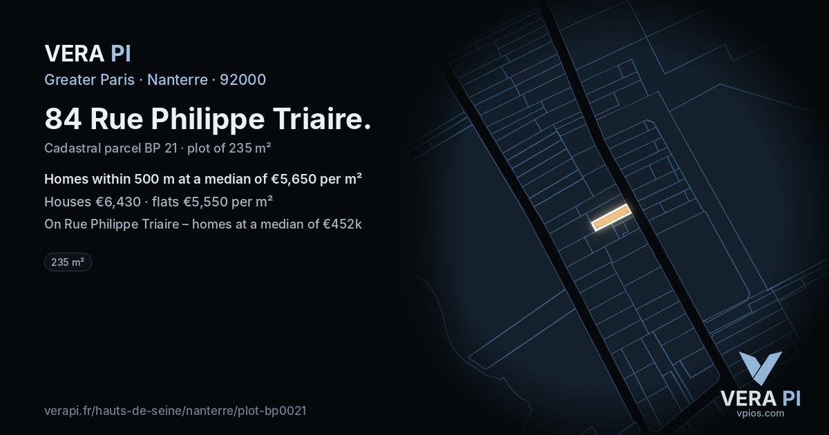84 Rue Philippe Triaire, Nanterre at night – the plot lit, the parcels around coloured by the prices near them