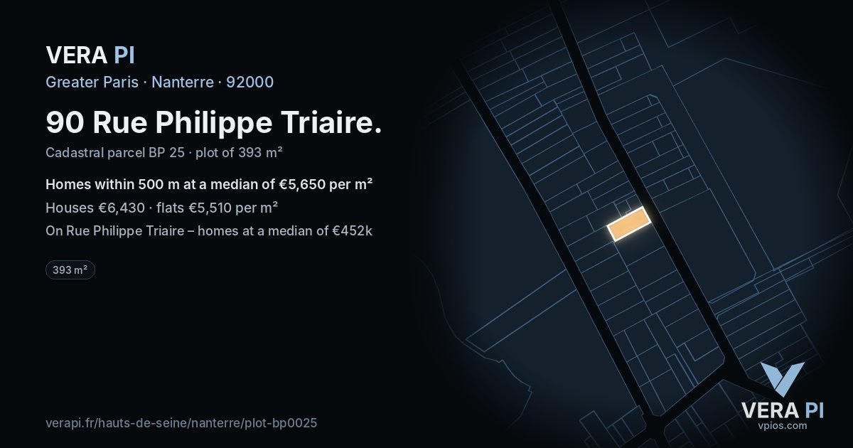 90 Rue Philippe Triaire, Nanterre at night – the plot lit, the parcels around coloured by the prices near them