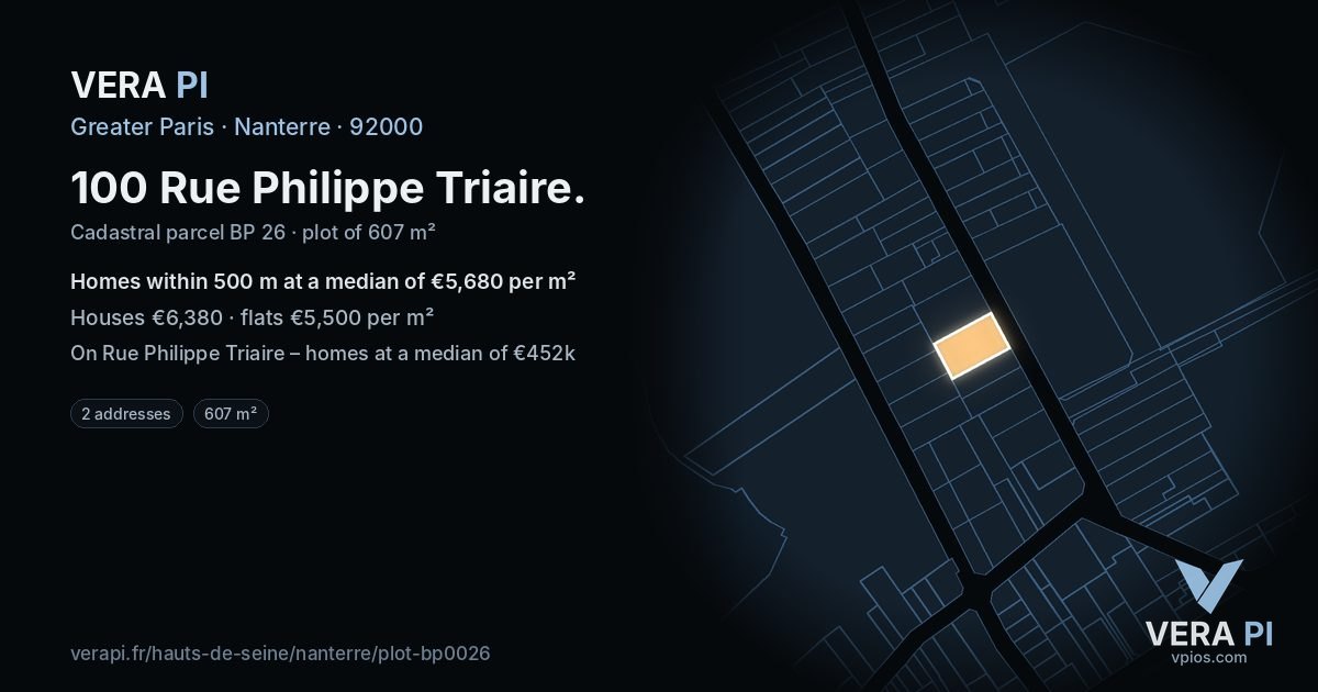 100 Rue Philippe Triaire, Nanterre at night – the plot lit, the parcels around coloured by the prices near them