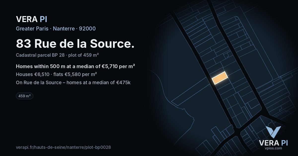 83 Rue de la Source, Nanterre at night – the plot lit, the parcels around coloured by the prices near them
