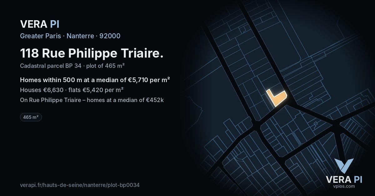 118 Rue Philippe Triaire, Nanterre at night – the plot lit, the parcels around coloured by the prices near them