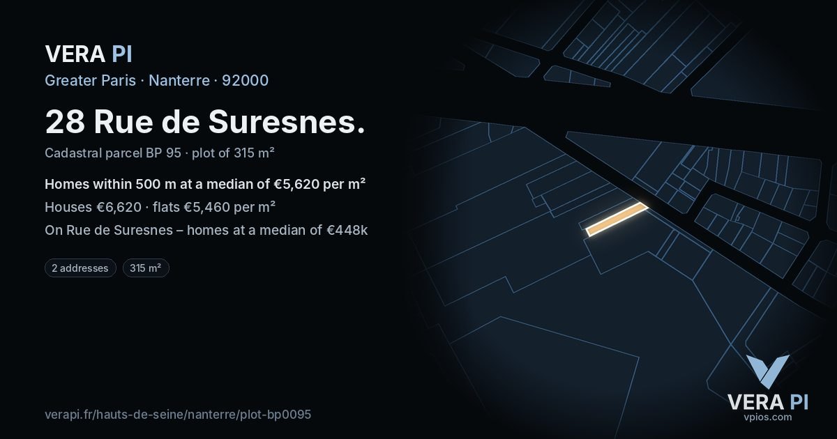 28 Rue de Suresnes, Nanterre at night – the plot lit, the parcels around coloured by the prices near them