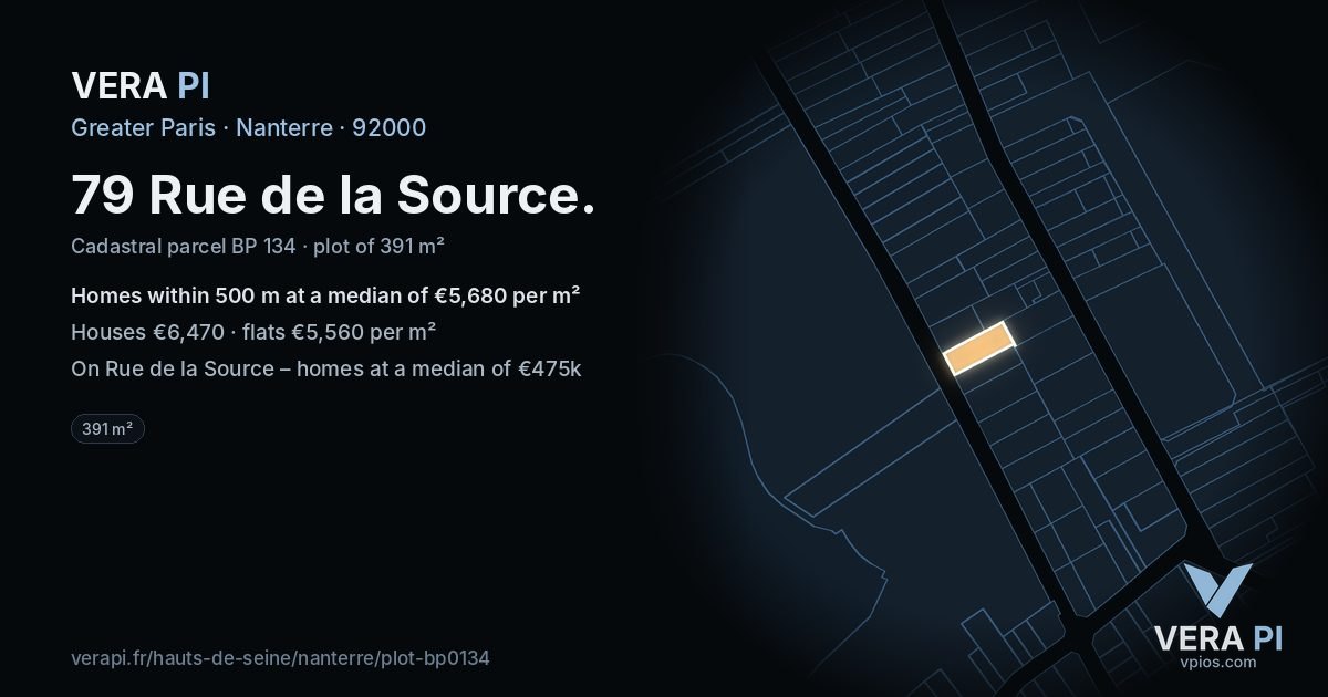 79 Rue de la Source, Nanterre at night – the plot lit, the parcels around coloured by the prices near them