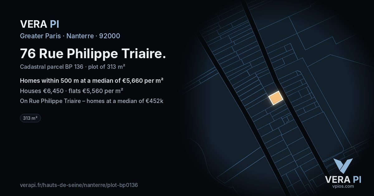 76 Rue Philippe Triaire, Nanterre at night – the plot lit, the parcels around coloured by the prices near them