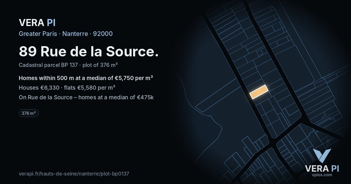 89 Rue de la Source, Nanterre at night – the plot lit, the parcels around coloured by the prices near them
