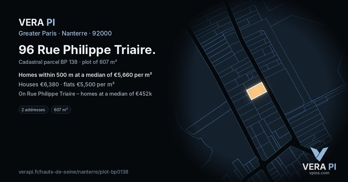 96 Rue Philippe Triaire, Nanterre at night – the plot lit, the parcels around coloured by the prices near them