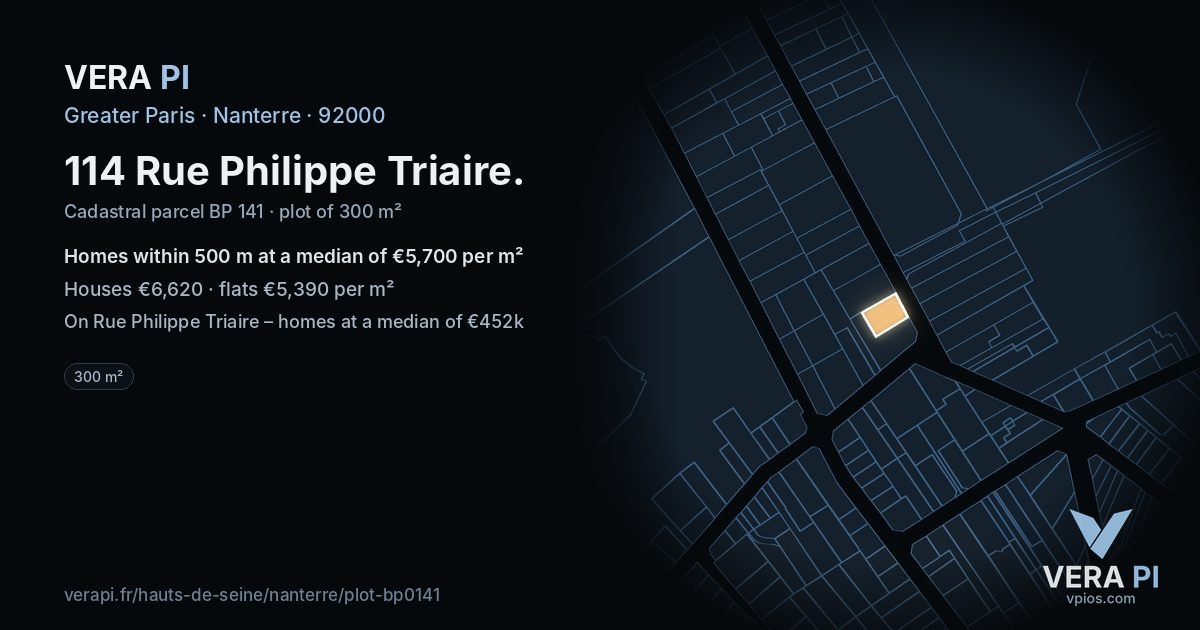 114 Rue Philippe Triaire, Nanterre at night – the plot lit, the parcels around coloured by the prices near them