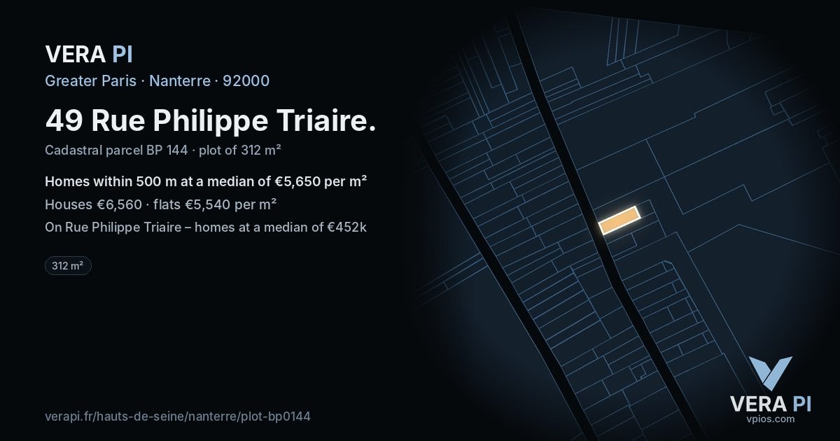 49 Rue Philippe Triaire, Nanterre at night – the plot lit, the parcels around coloured by the prices near them