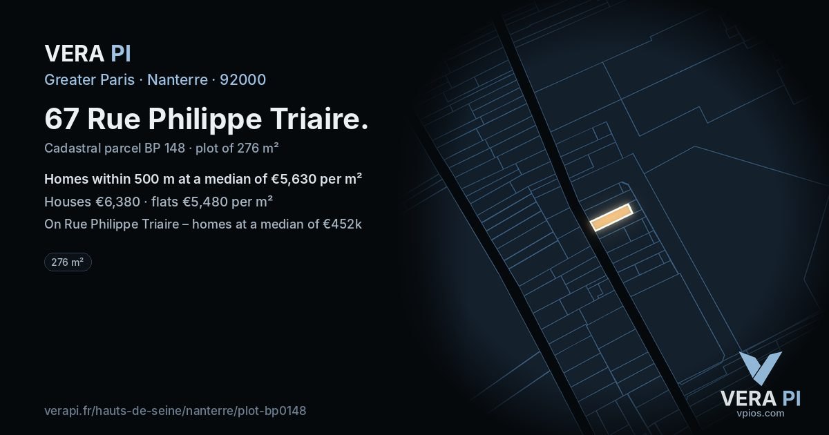 67 Rue Philippe Triaire, Nanterre at night – the plot lit, the parcels around coloured by the prices near them