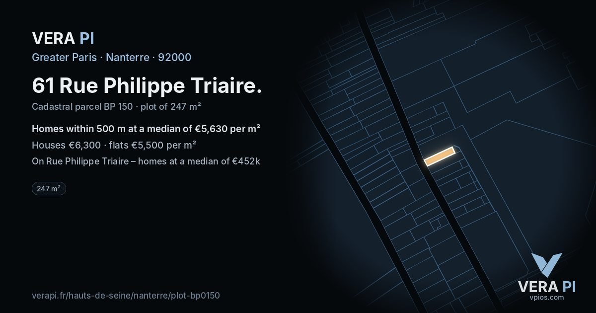 61 Rue Philippe Triaire, Nanterre at night – the plot lit, the parcels around coloured by the prices near them