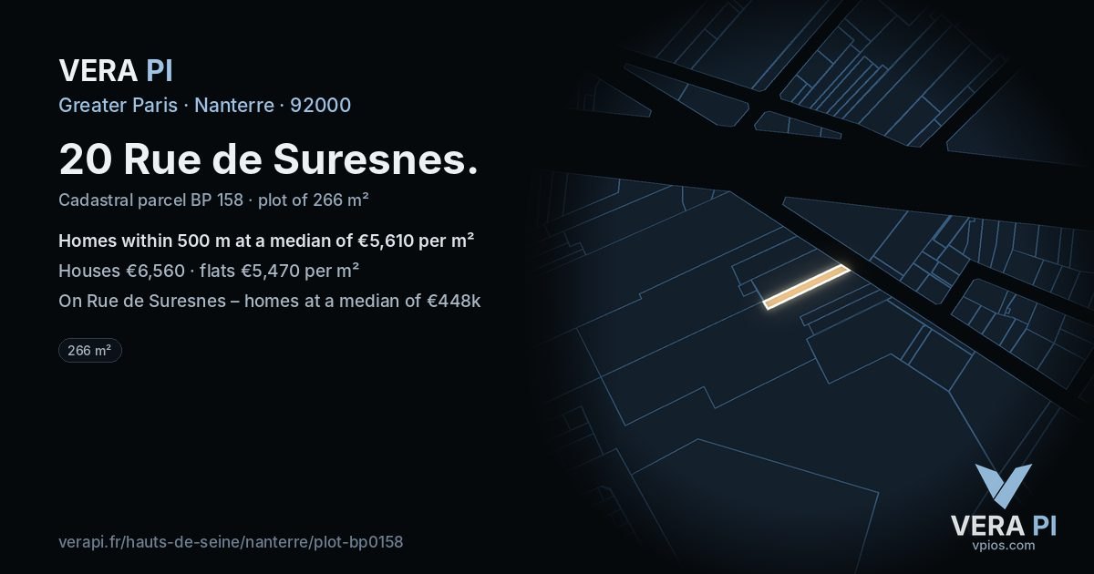 20 Rue de Suresnes, Nanterre at night – the plot lit, the parcels around coloured by the prices near them