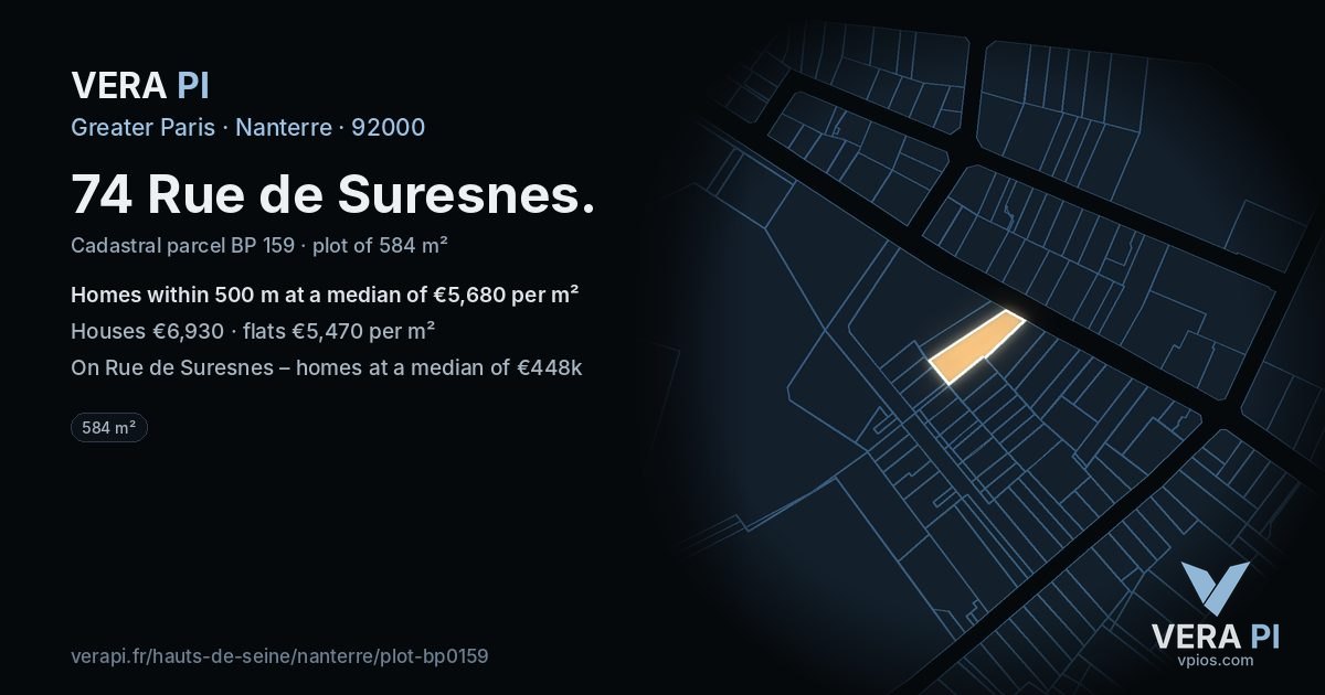 74 Rue de Suresnes, Nanterre at night – the plot lit, the parcels around coloured by the prices near them