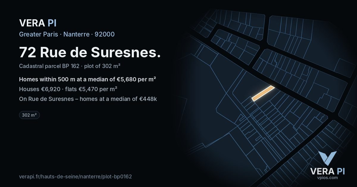 72 Rue de Suresnes, Nanterre at night – the plot lit, the parcels around coloured by the prices near them