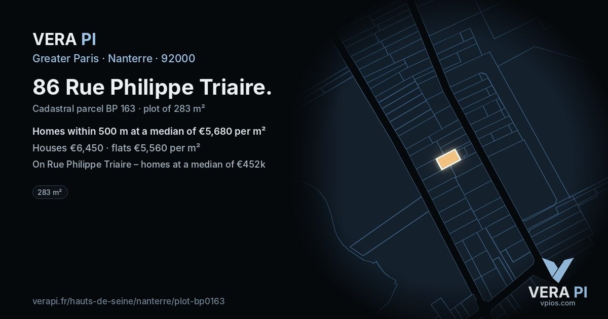 86 Rue Philippe Triaire, Nanterre at night – the plot lit, the parcels around coloured by the prices near them