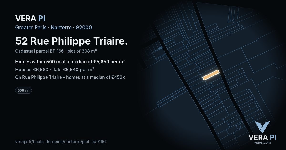 52 Rue Philippe Triaire, Nanterre at night – the plot lit, the parcels around coloured by the prices near them