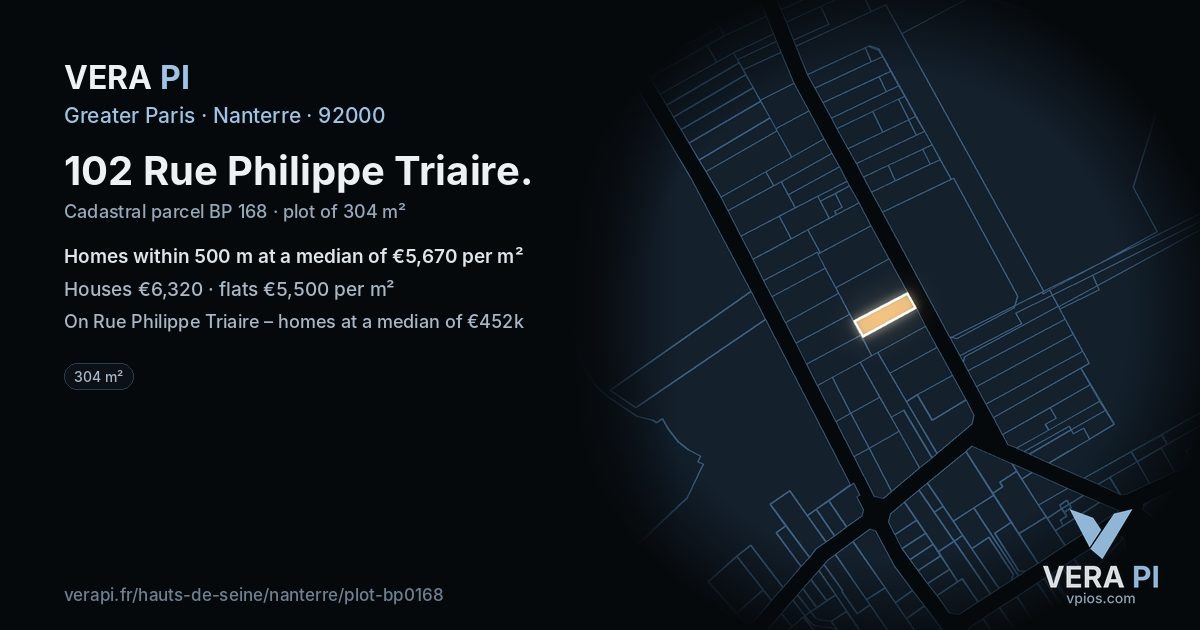 102 Rue Philippe Triaire, Nanterre at night – the plot lit, the parcels around coloured by the prices near them