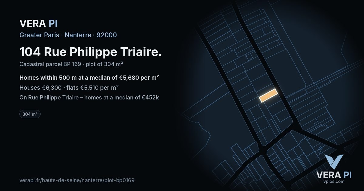104 Rue Philippe Triaire, Nanterre at night – the plot lit, the parcels around coloured by the prices near them
