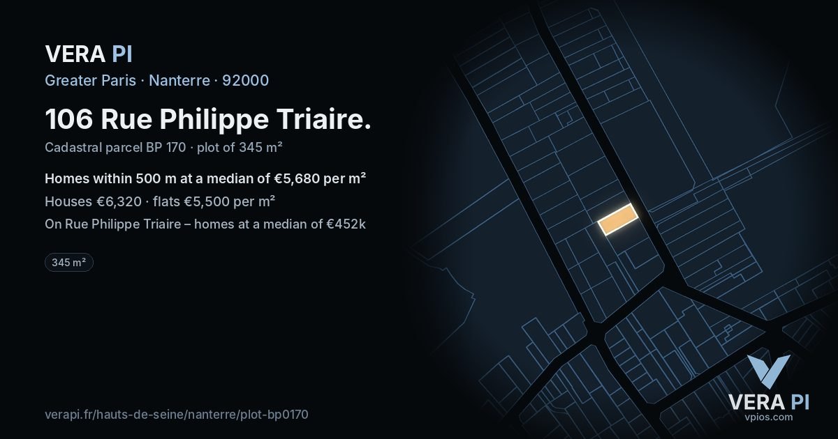 106 Rue Philippe Triaire, Nanterre at night – the plot lit, the parcels around coloured by the prices near them