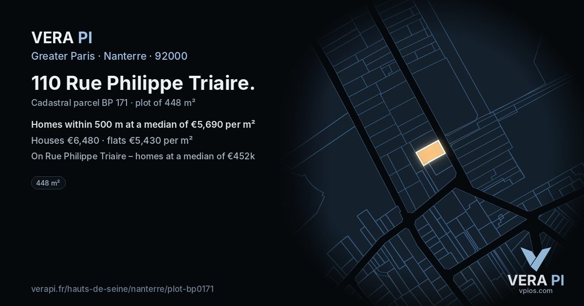 110 Rue Philippe Triaire, Nanterre at night – the plot lit, the parcels around coloured by the prices near them