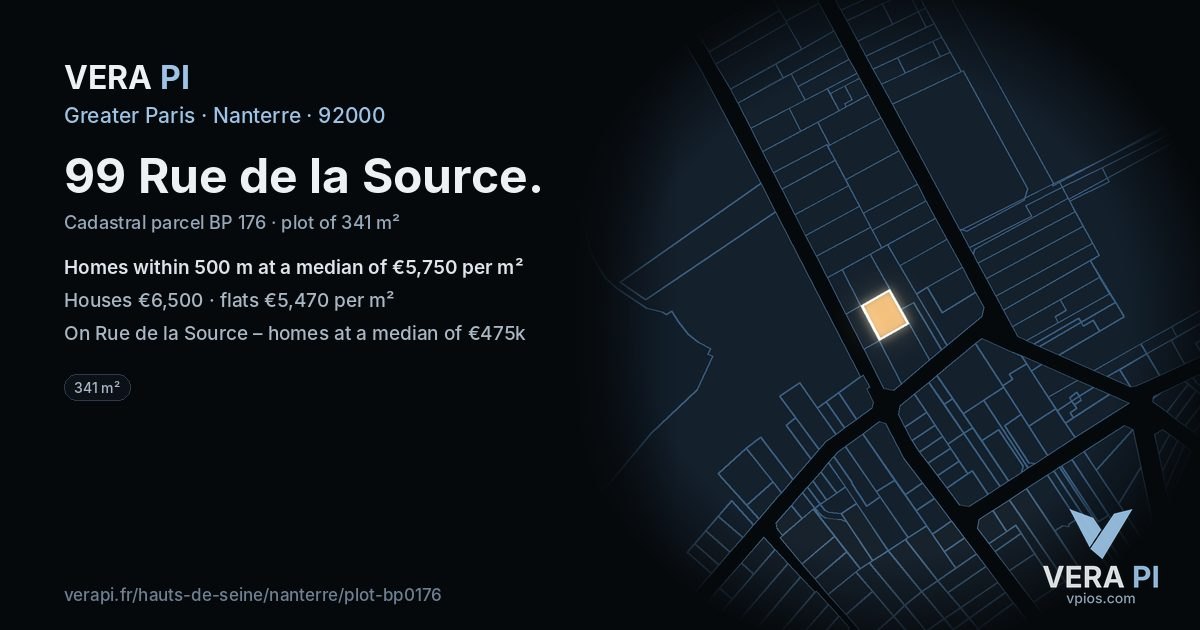 99 Rue de la Source, Nanterre at night – the plot lit, the parcels around coloured by the prices near them