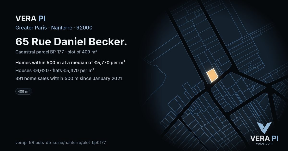 65 Rue Daniel Becker, Nanterre at night – the plot lit, the parcels around coloured by the prices near them