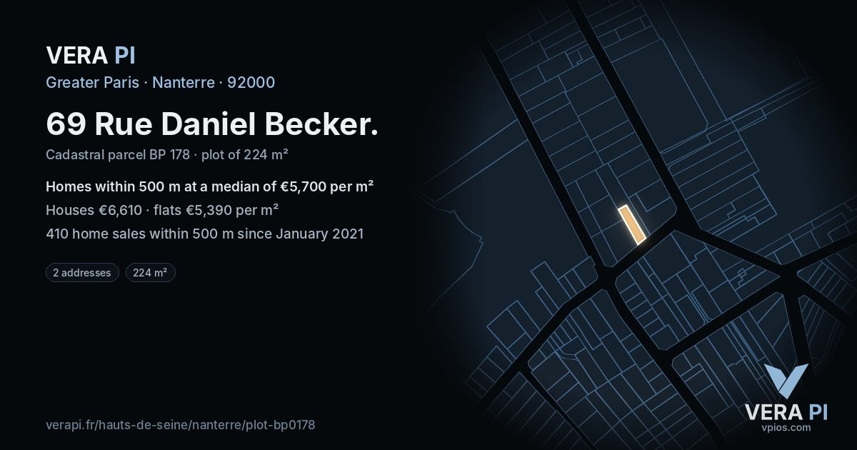 69 Rue Daniel Becker, Nanterre at night – the plot lit, the parcels around coloured by the prices near them