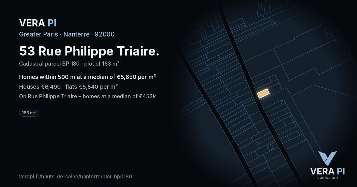 53 Rue Philippe Triaire, Nanterre at night – the plot lit, the parcels around coloured by the prices near them