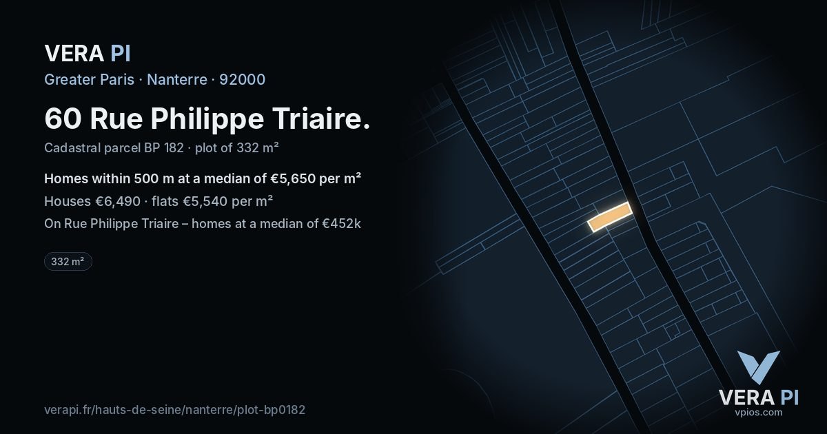 60 Rue Philippe Triaire, Nanterre at night – the plot lit, the parcels around coloured by the prices near them