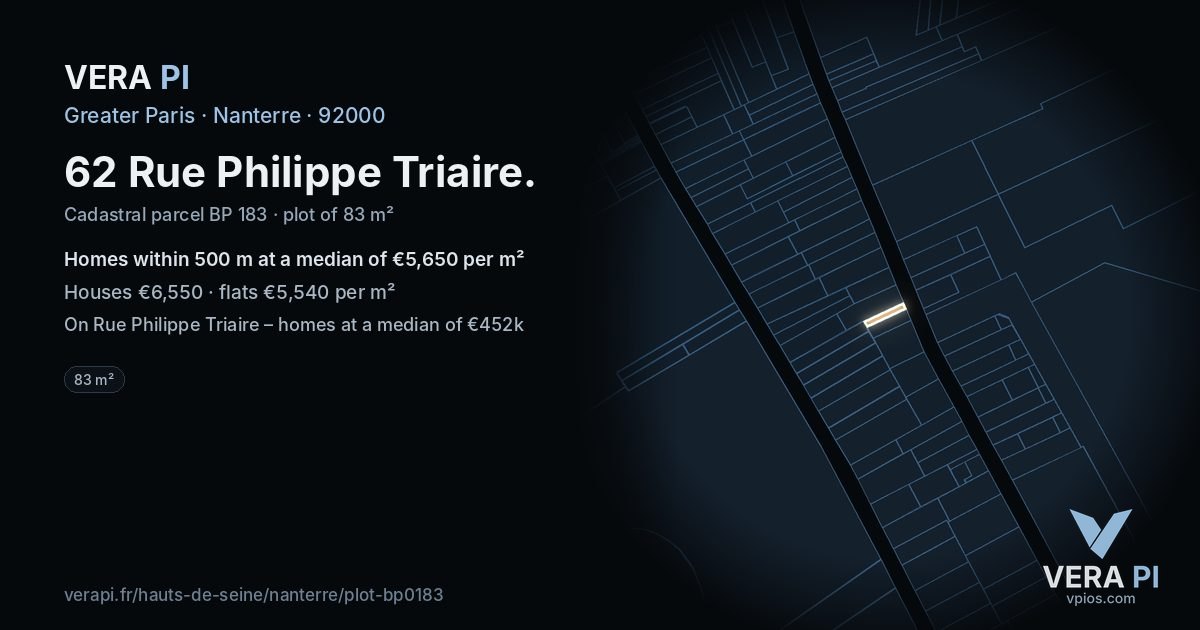 62 Rue Philippe Triaire, Nanterre at night – the plot lit, the parcels around coloured by the prices near them