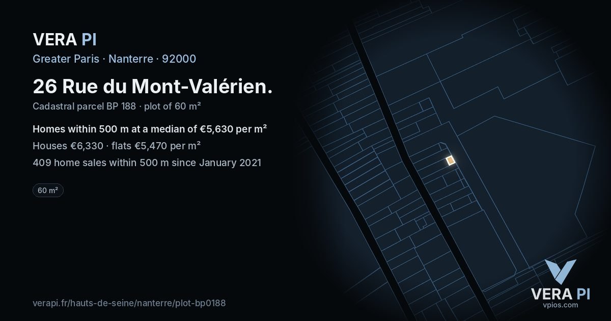 26 Rue du Mont-Valérien, Nanterre at night – the plot lit, the parcels around coloured by the prices near them