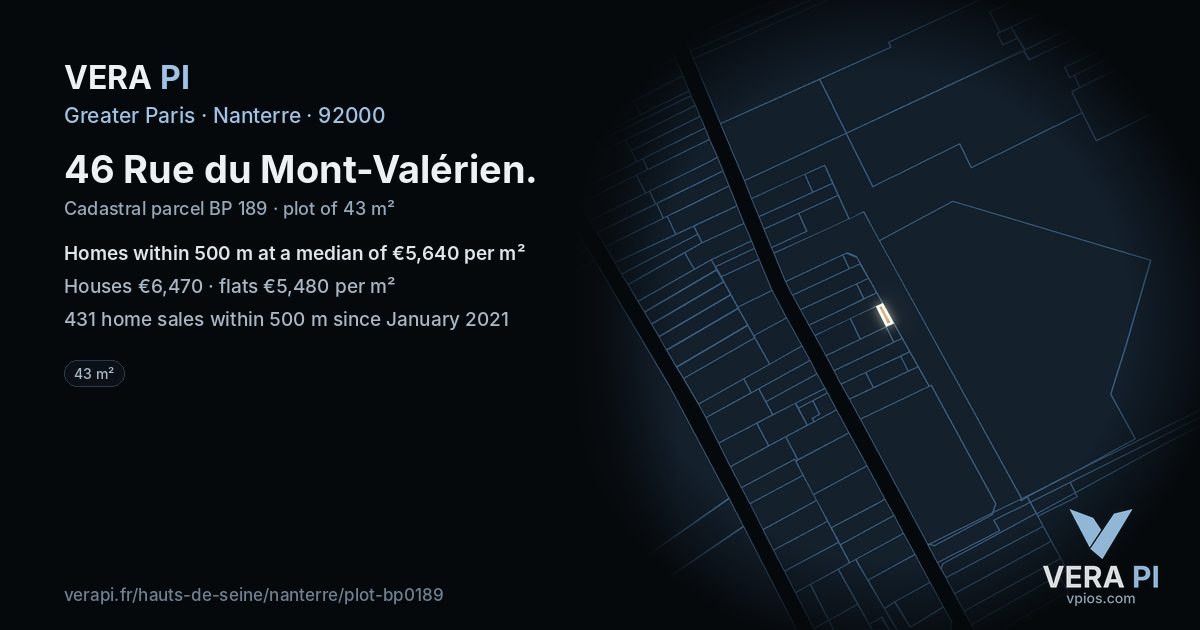 46 Rue du Mont-Valérien, Nanterre at night – the plot lit, the parcels around coloured by the prices near them