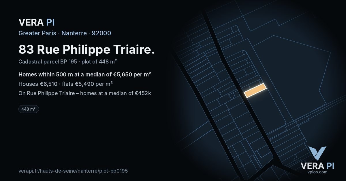 83 Rue Philippe Triaire, Nanterre at night – the plot lit, the parcels around coloured by the prices near them