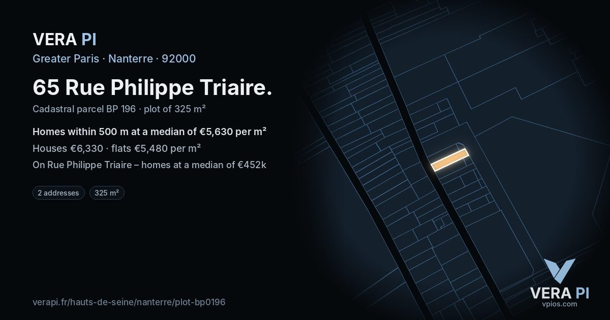 65 Rue Philippe Triaire, Nanterre at night – the plot lit, the parcels around coloured by the prices near them
