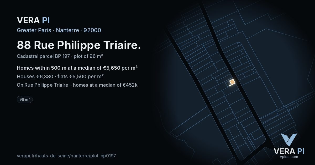 88 Rue Philippe Triaire, Nanterre at night – the plot lit, the parcels around coloured by the prices near them