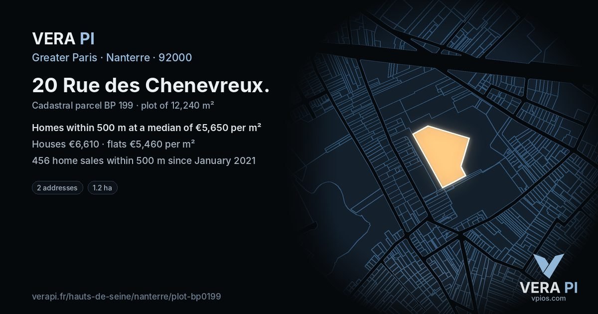 20 Rue des Chenevreux, Nanterre at night – the plot lit, the parcels around coloured by the prices near them