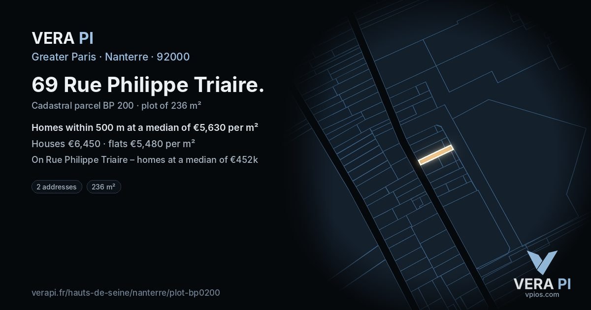 69 Rue Philippe Triaire, Nanterre at night – the plot lit, the parcels around coloured by the prices near them