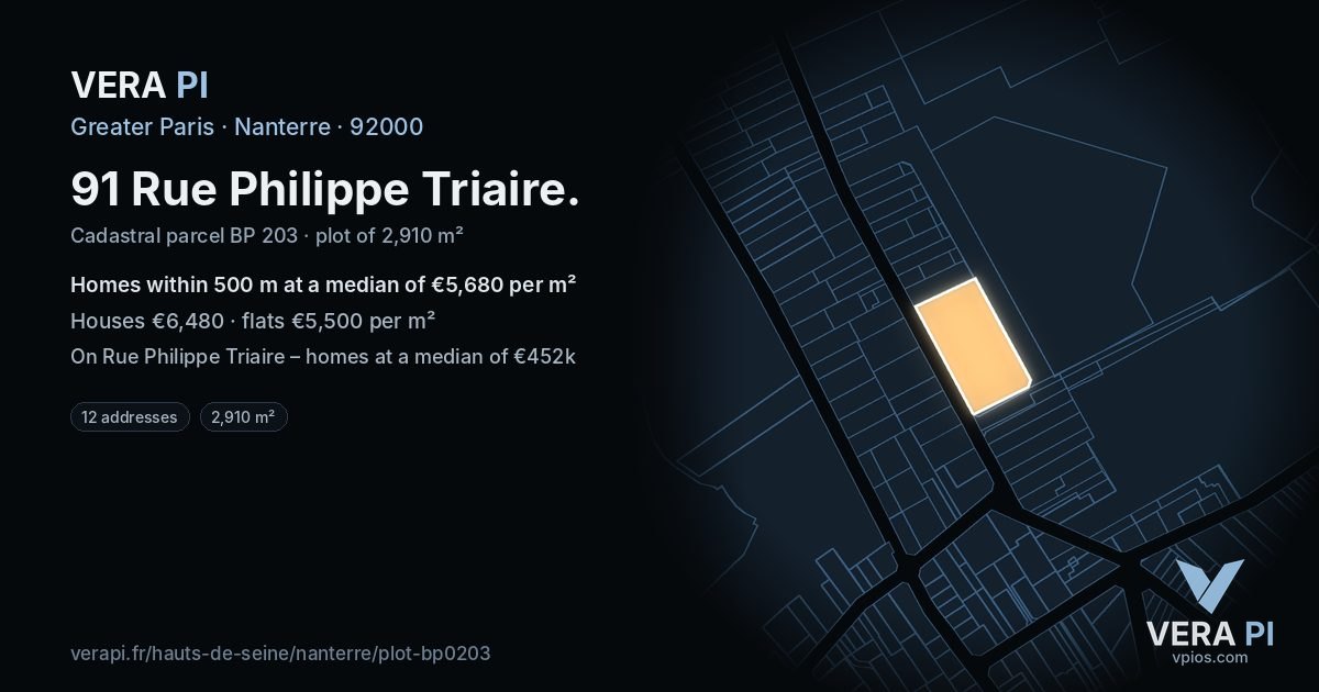 91 Rue Philippe Triaire, Nanterre at night – the plot lit, the parcels around coloured by the prices near them