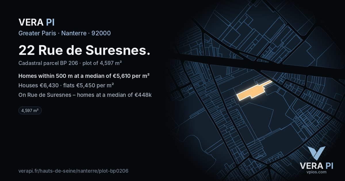 22 Rue de Suresnes, Nanterre at night – the plot lit, the parcels around coloured by the prices near them